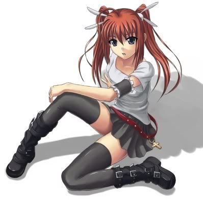 short red hair anime girl. Red hair, short black skirt,