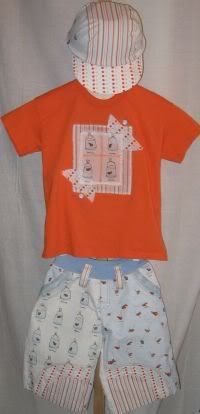 ~RELIST~ * Boy Goldfish* Appliqued Shirt, Board Shorts, Hat Toy Set Size 5 or 110 Euro AUCTION