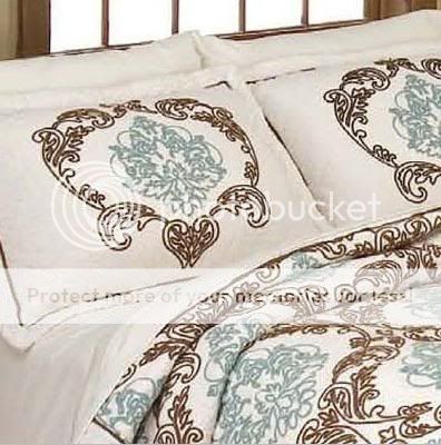 FRENCH Baroque 3pc QUILT SET White Brown Aqua Queen NEW  